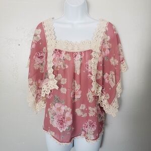 E Anthropologie XS Mauve Pink Floral Short Sleeve Blouse Crochet Lace Nella Top